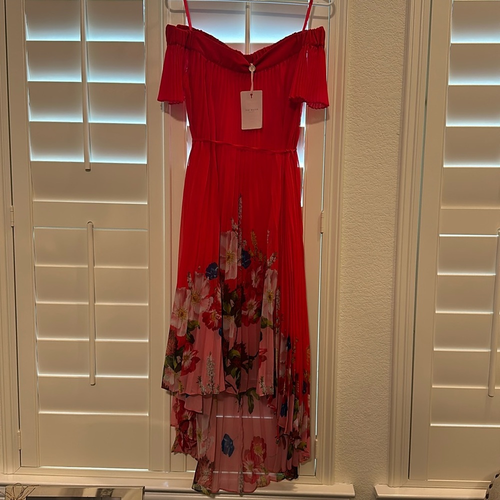 TED BAKER - Off the shoulder dress with floral bottom. High-low dress